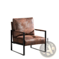 Mid century brown microfiber accent chair featuring a brown leather armchair with a black metal frame