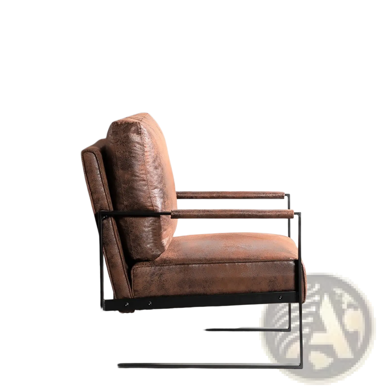 Mid century brown microfiber accent chair with a brown leather seat and black metal frame for stylish seating