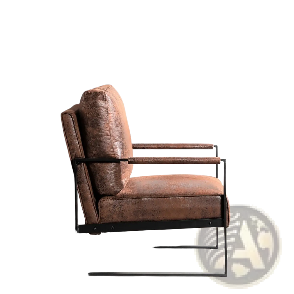 Mid century brown microfiber accent chair with a brown leather seat and black metal frame for stylish seating