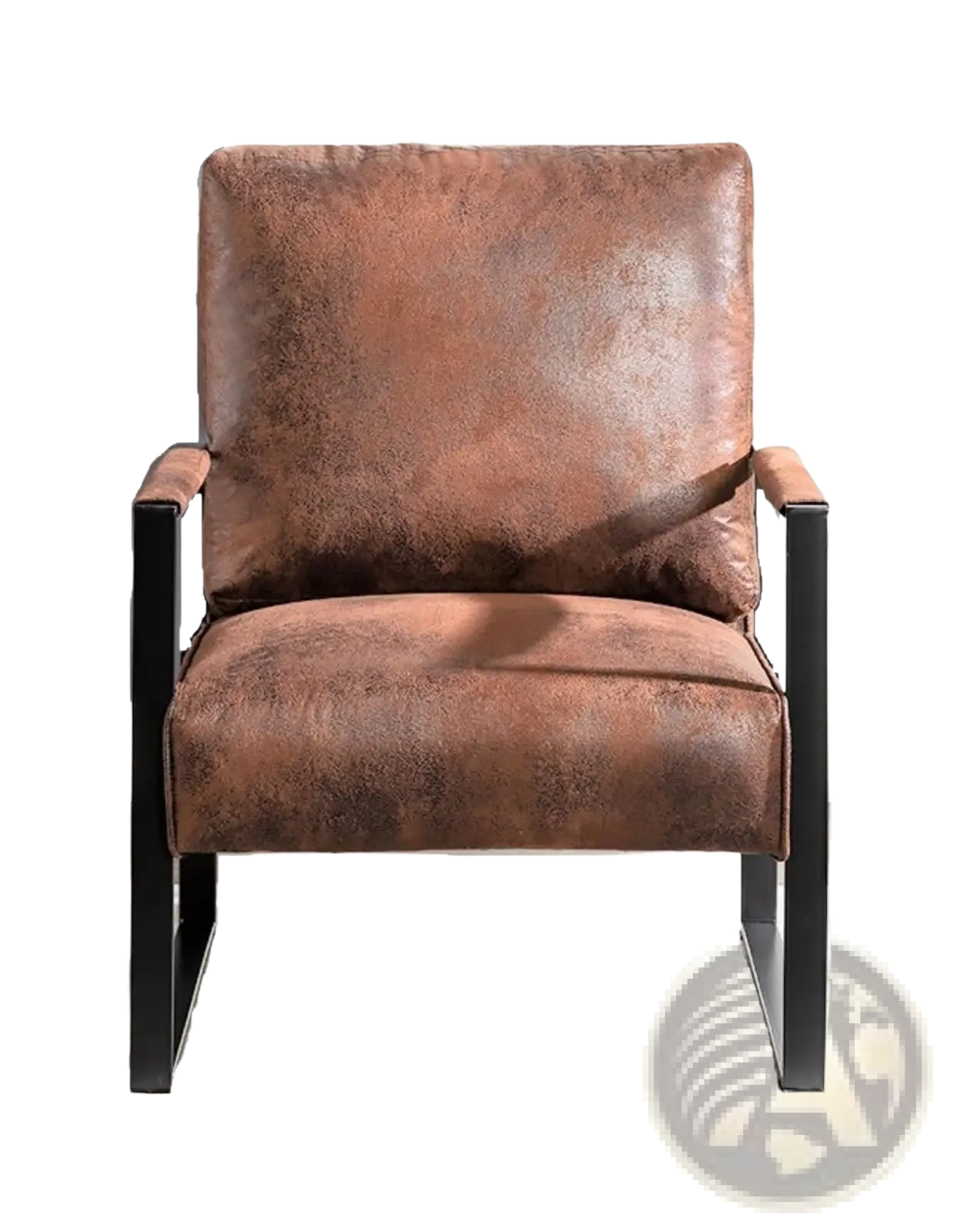 Mid century brown distressed leather armchair with black metal frame for stylish accent seating in living spaces