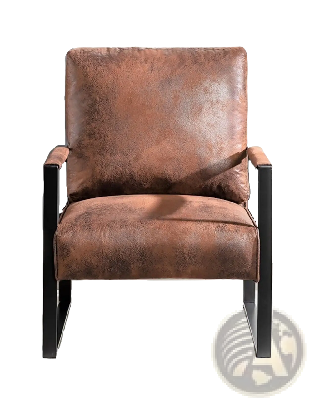 Mid century brown distressed leather armchair with black metal frame for stylish accent seating in living spaces