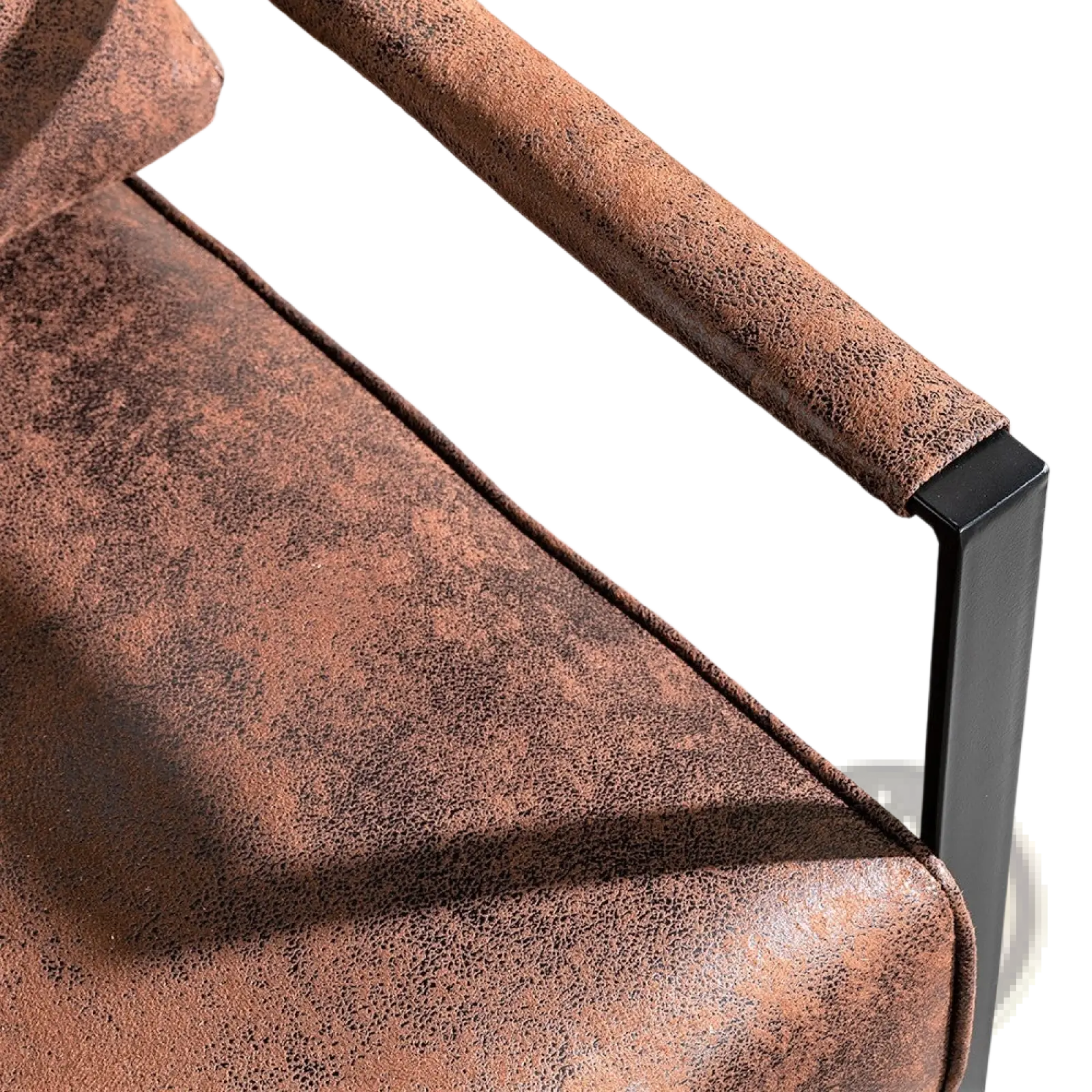 Mid century brown distressed faux leather armchair with black metal frame and microfiber accent chair design