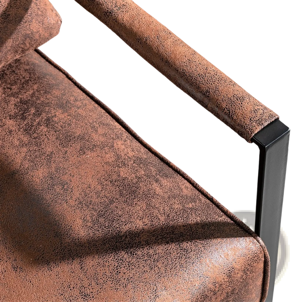 Mid century brown distressed faux leather armchair with black metal frame and microfiber accent chair design