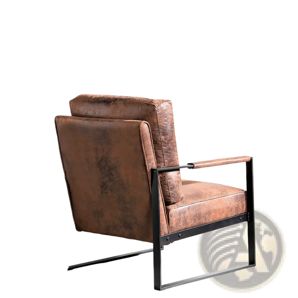 Mid century brown microfiber accent chair with brown leather upholstery and black metal frame for stylish seating