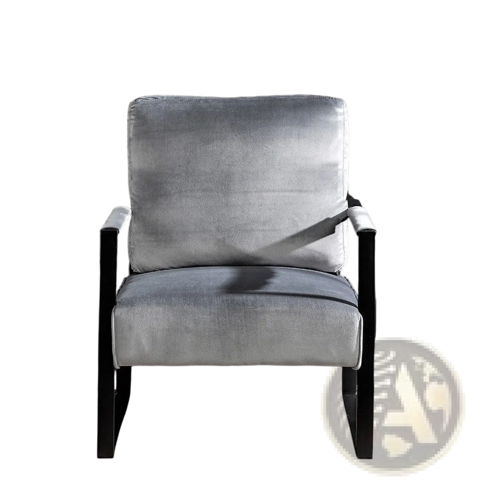 Mid century grey velvet accent chair with sleek black metal frame featuring soft velvet upholstery and modern design
