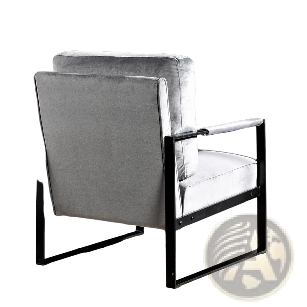 Mid century grey velvet accent chair with a sleek black metal frame and soft velvet upholstery