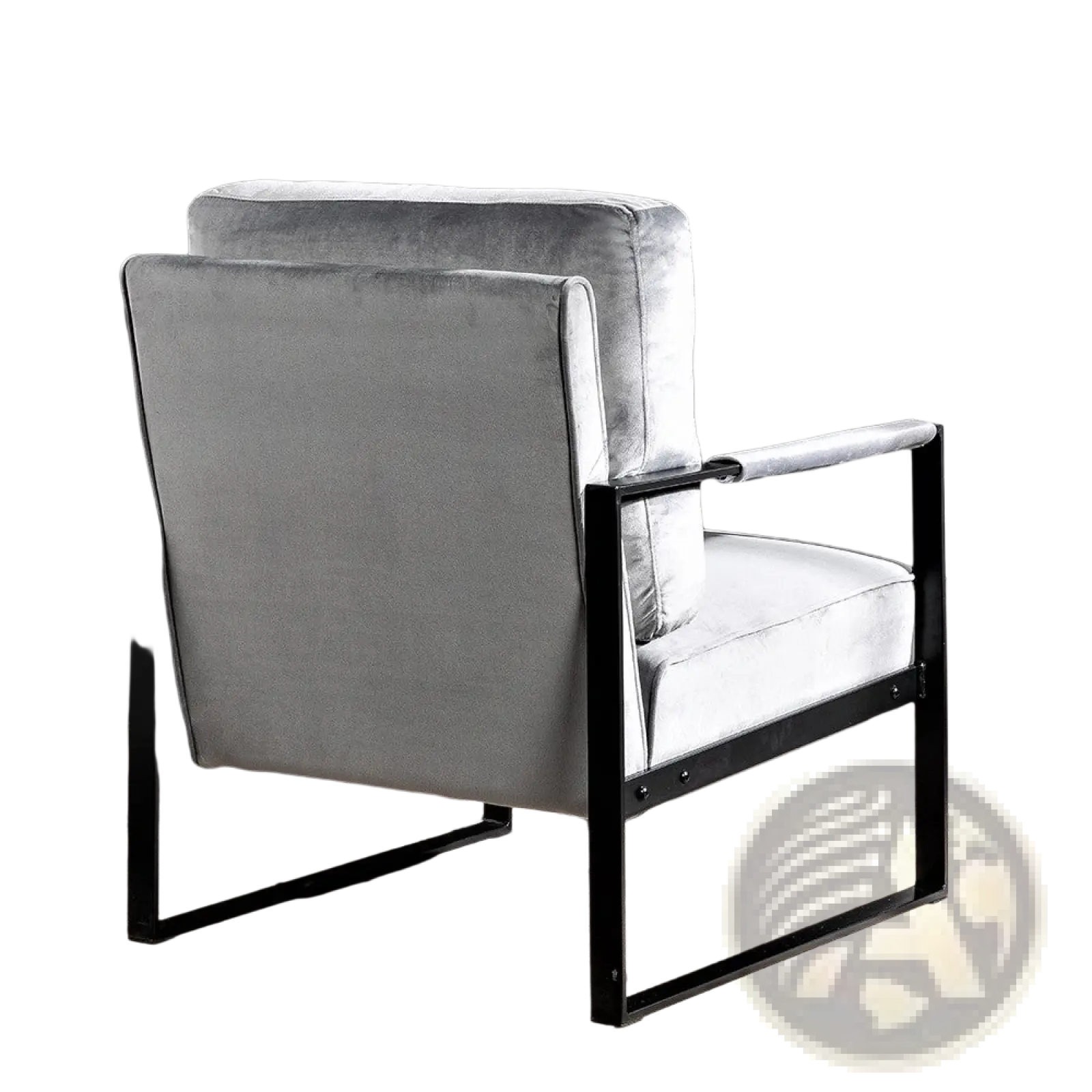 Mid century grey velvet accent chair with a sleek black metal frame and soft velvet upholstery
