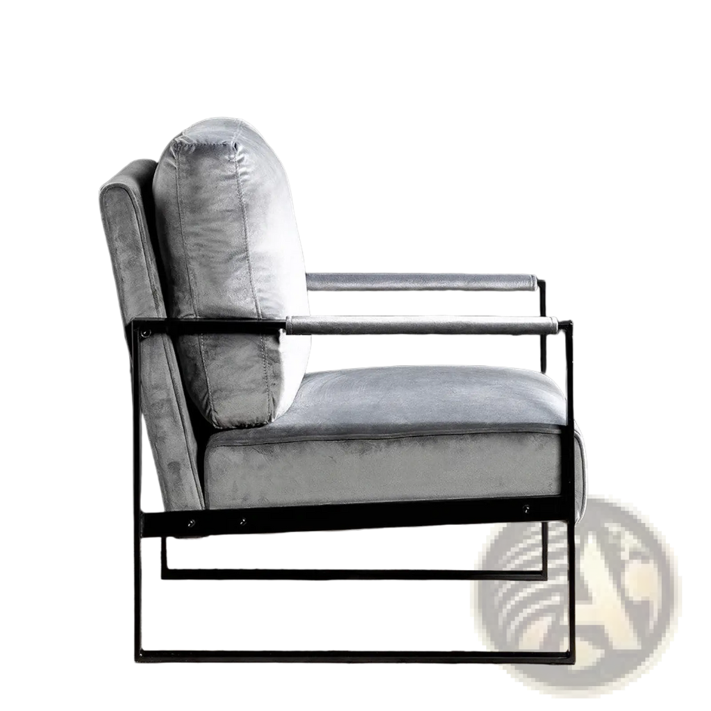 Mid century grey velvet accent chair with sleek black metal frame and modern gray velvet upholstery