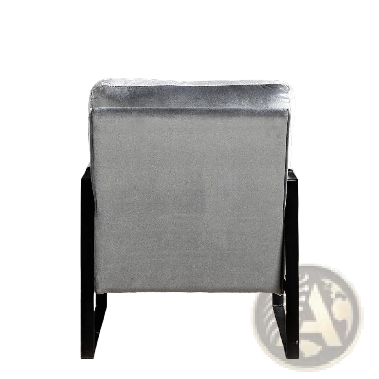 Mid century grey velvet accent chair with silver gray velvet upholstery and sleek black metal legs for stylish seating