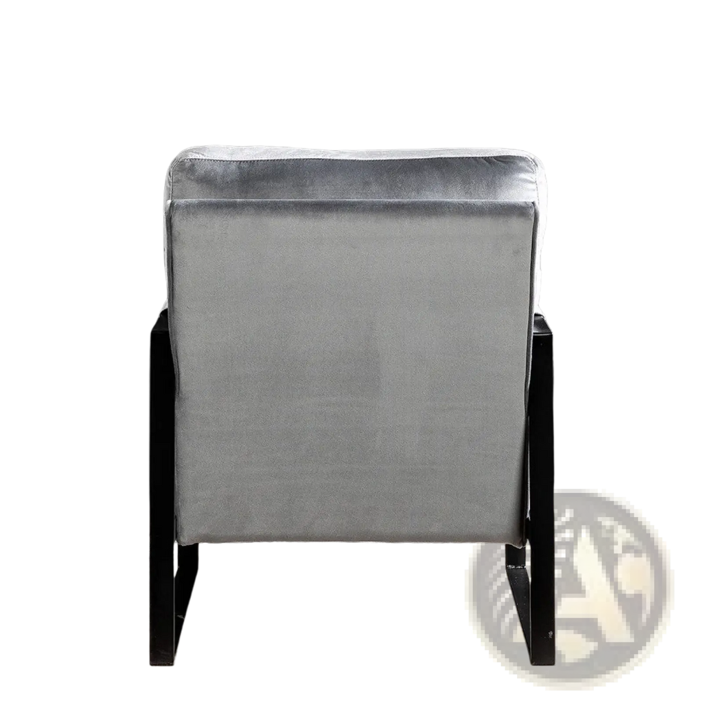 Mid century grey velvet accent chair with silver gray velvet upholstery and sleek black metal legs for stylish seating