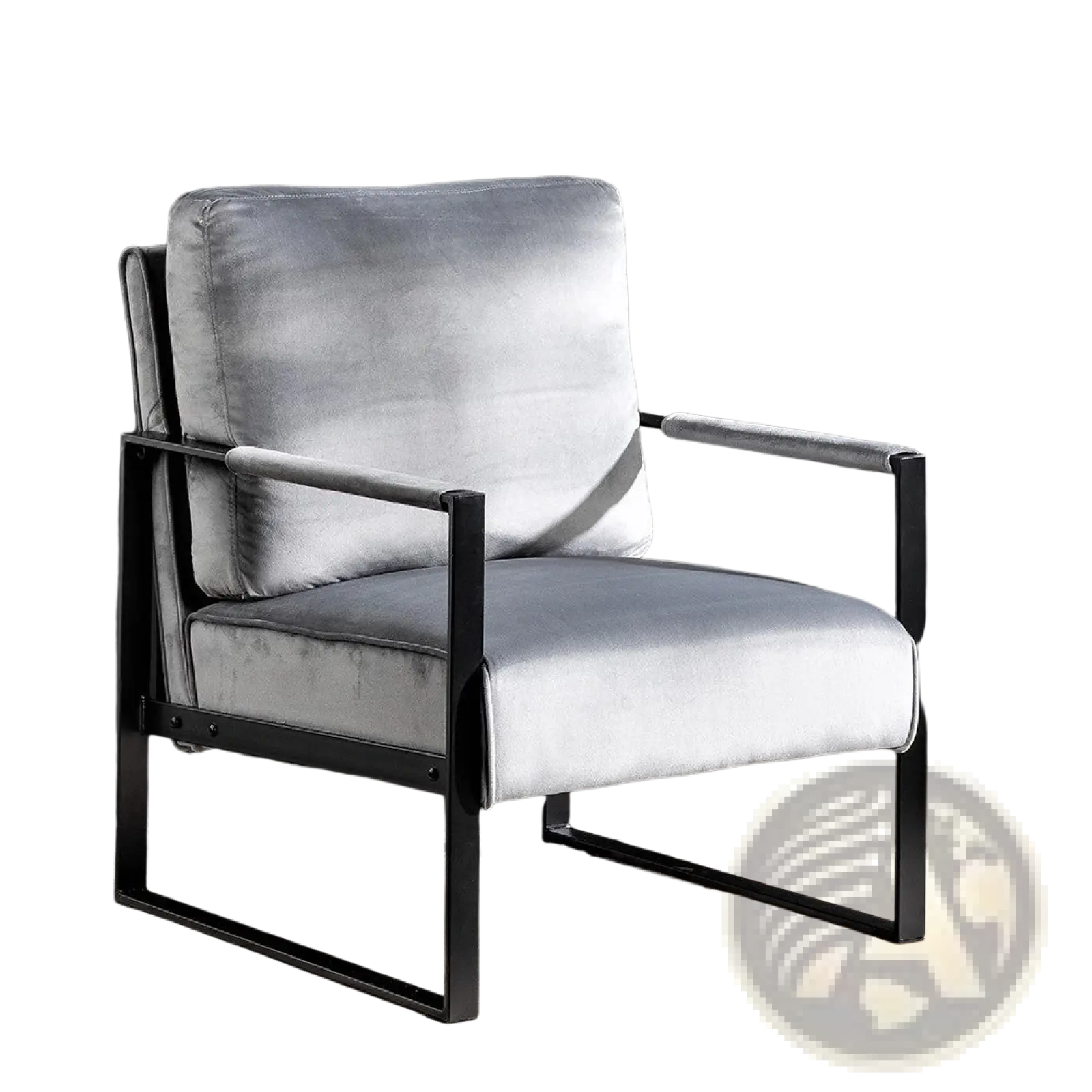 Mid century grey velvet accent chair featuring a silver velvet seat with sleek black metal frame