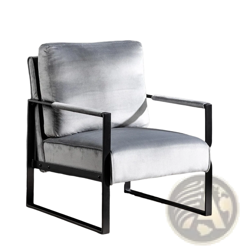 Mid century grey velvet accent chair featuring a silver velvet seat with sleek black metal frame