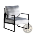 Mid century grey velvet accent chair featuring a silver velvet seat with sleek black metal frame
