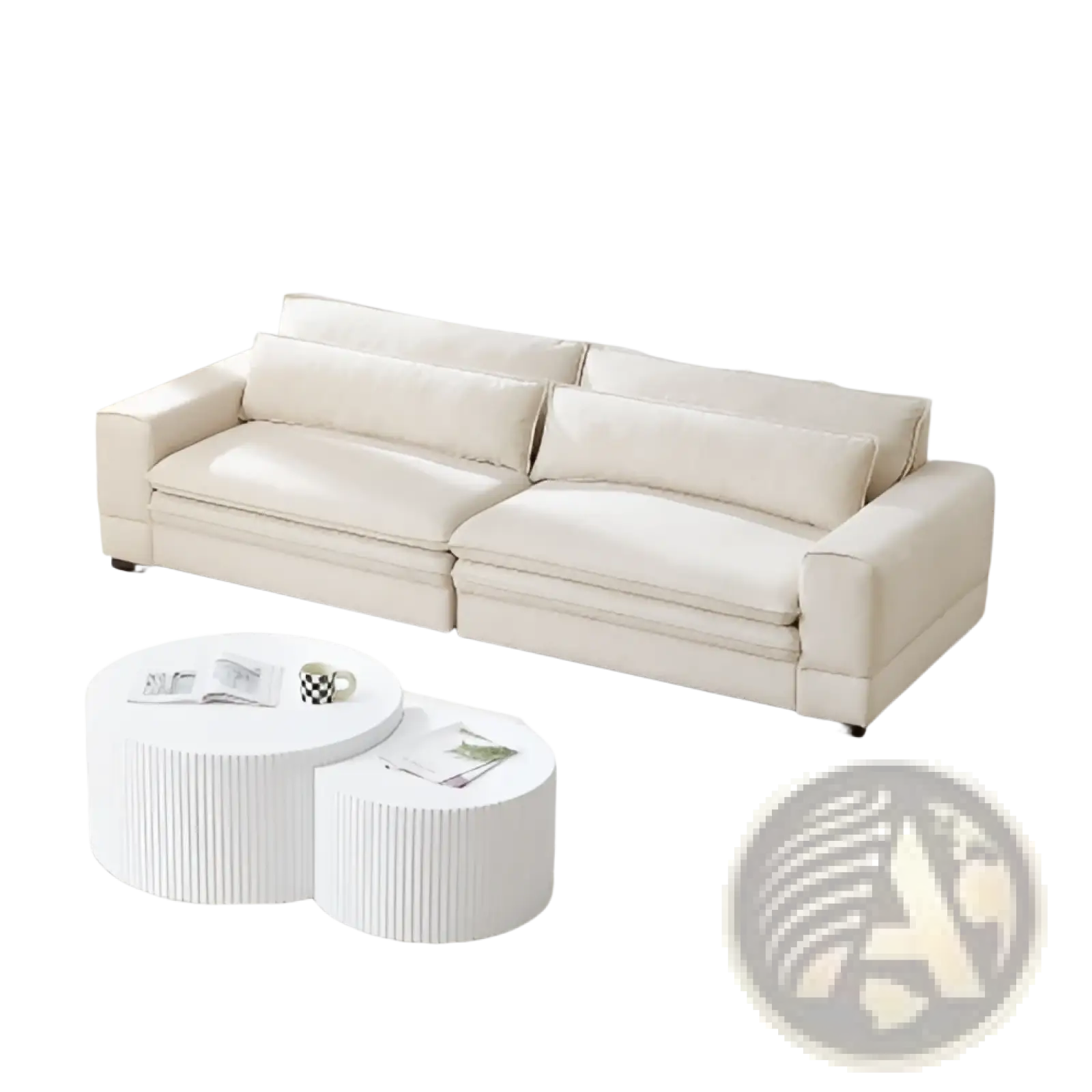 Mid-century modern beige 4 seat fabric sofa with cream-colored plush fabric and clean minimalist lines 105 inch
