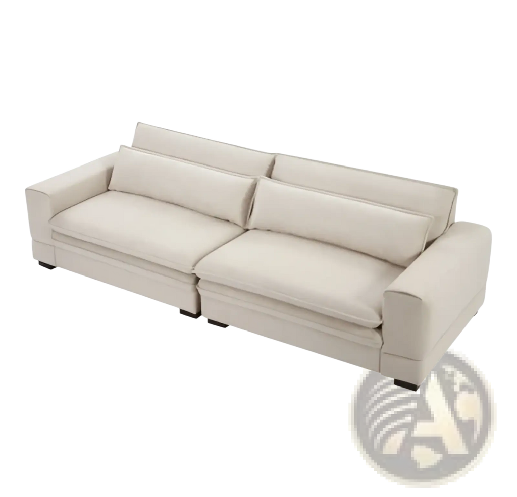 Beige upholstered mid-century modern 4 seat fabric sectional sofa with plush cushions and sleek black feet 105 inch
