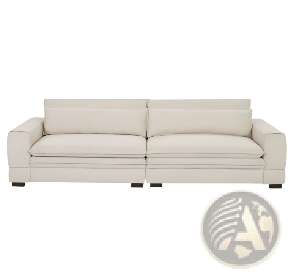 Beige upholstered mid-century modern 4 seat fabric sectional sofa with clean lines and dark wooden legs 105 inch