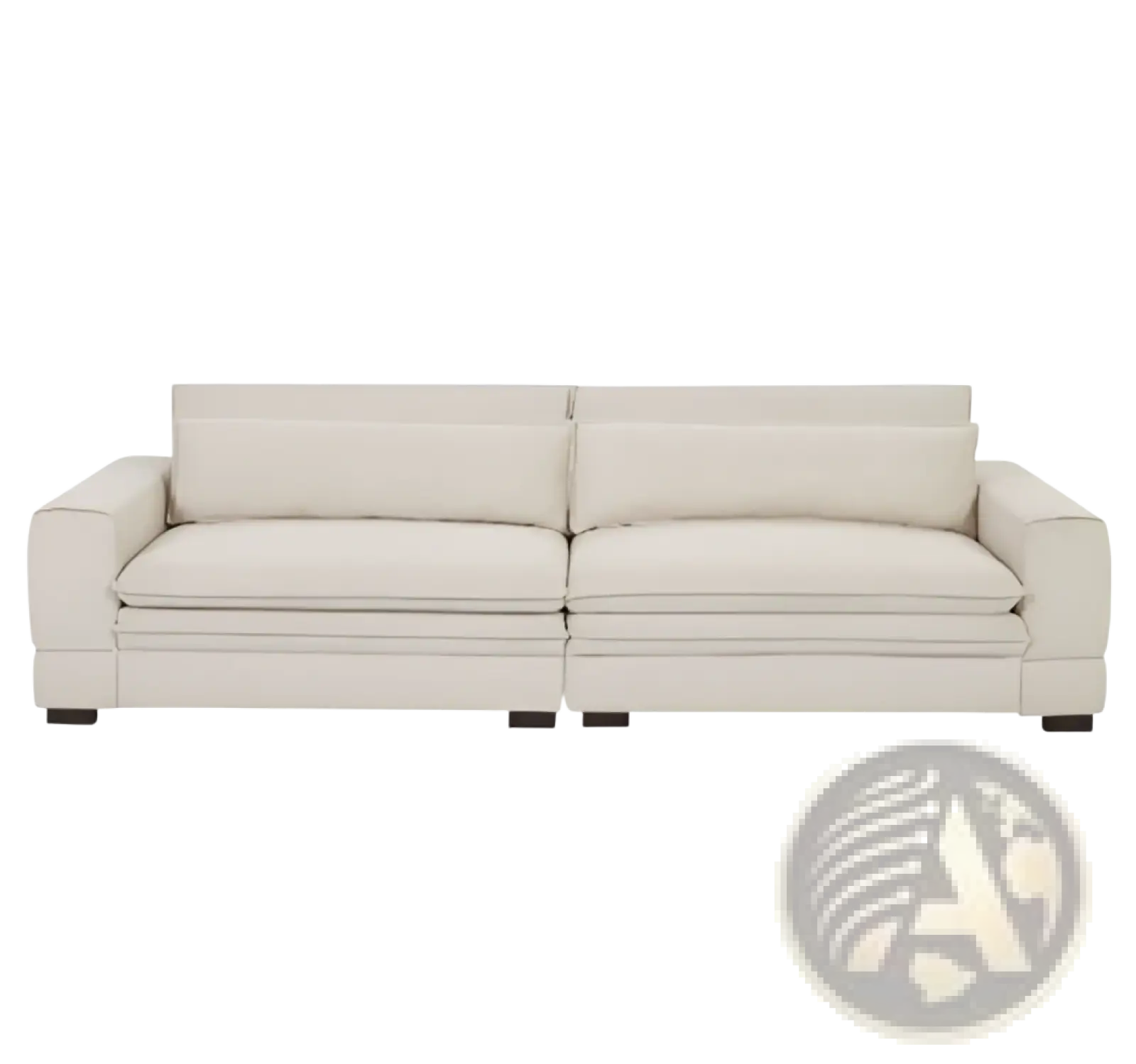 Beige upholstered mid-century modern 4 seat fabric sectional sofa with clean lines and dark wooden legs 105 inch