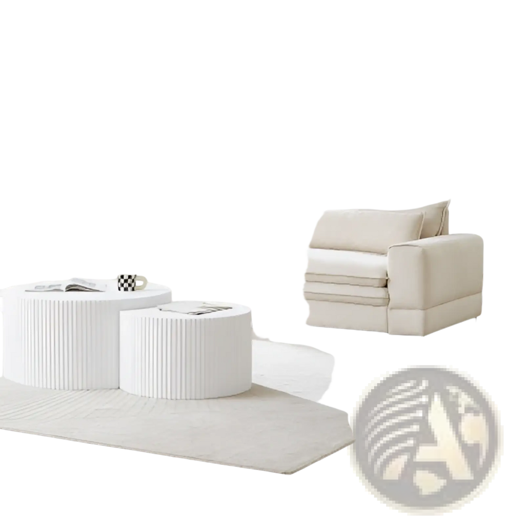 Mid-century modern 4 seat beige fabric sofa with cream-colored plush leather and subtle horizontal stitching