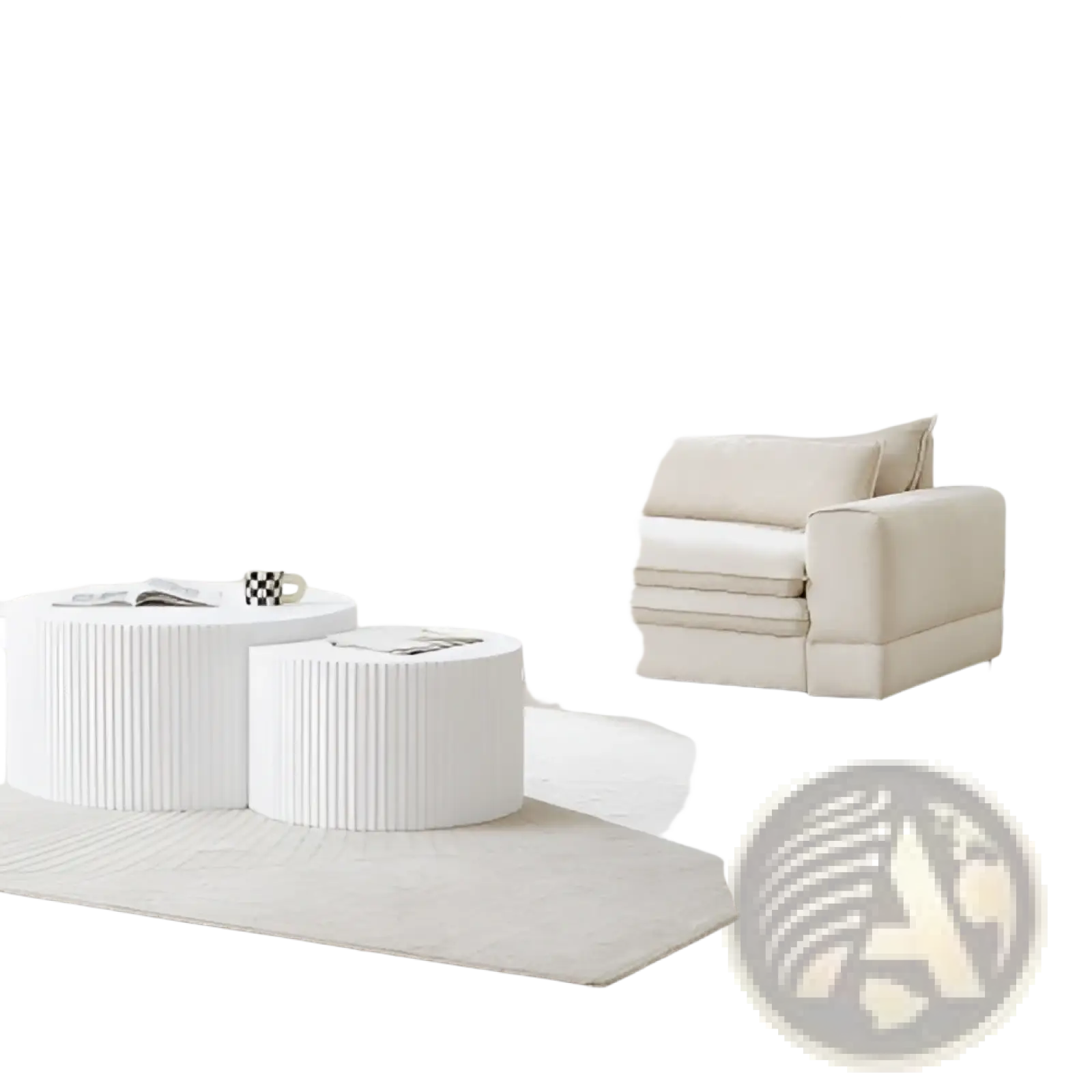 Mid-century modern 4 seat beige fabric sofa with cream-colored plush leather and subtle horizontal stitching