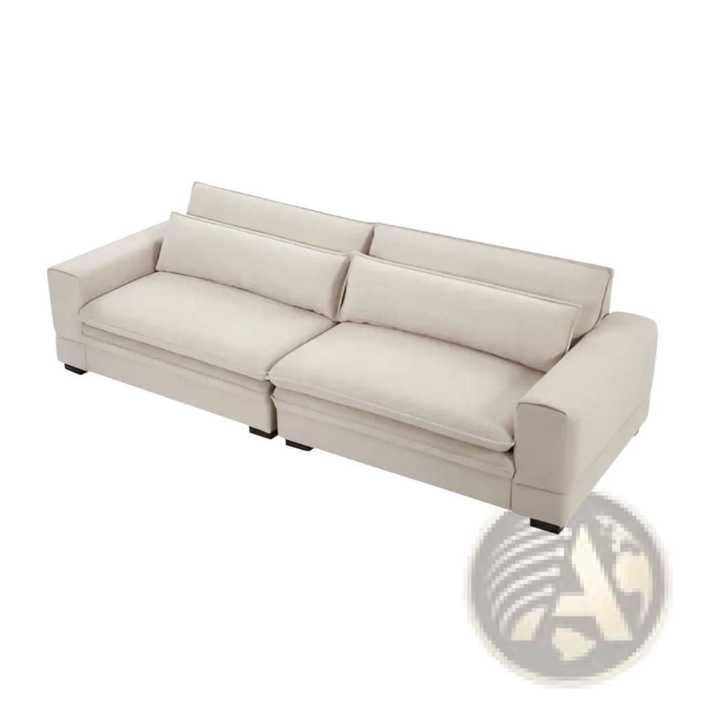 Beige upholstered mid-century modern 4 seat fabric sectional sofa with clean lines and matching cushions 105 inch