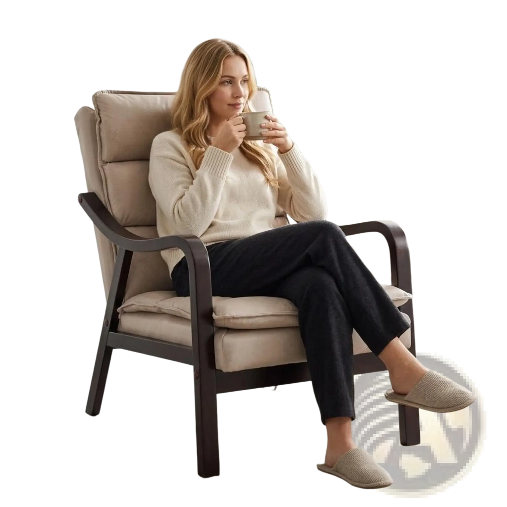 Beige upholstered mid-century modern velvet recliner chair with dark wood frame and wood arms