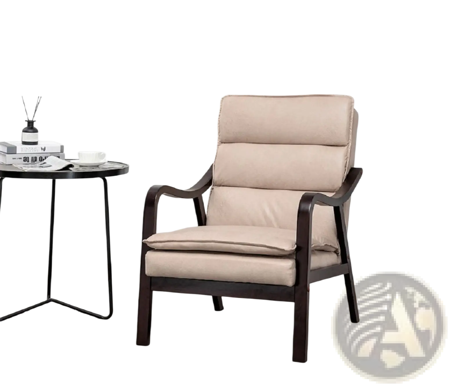 Beige mid-century modern velvet accent chair with dark wood arms and segmented cushioning
