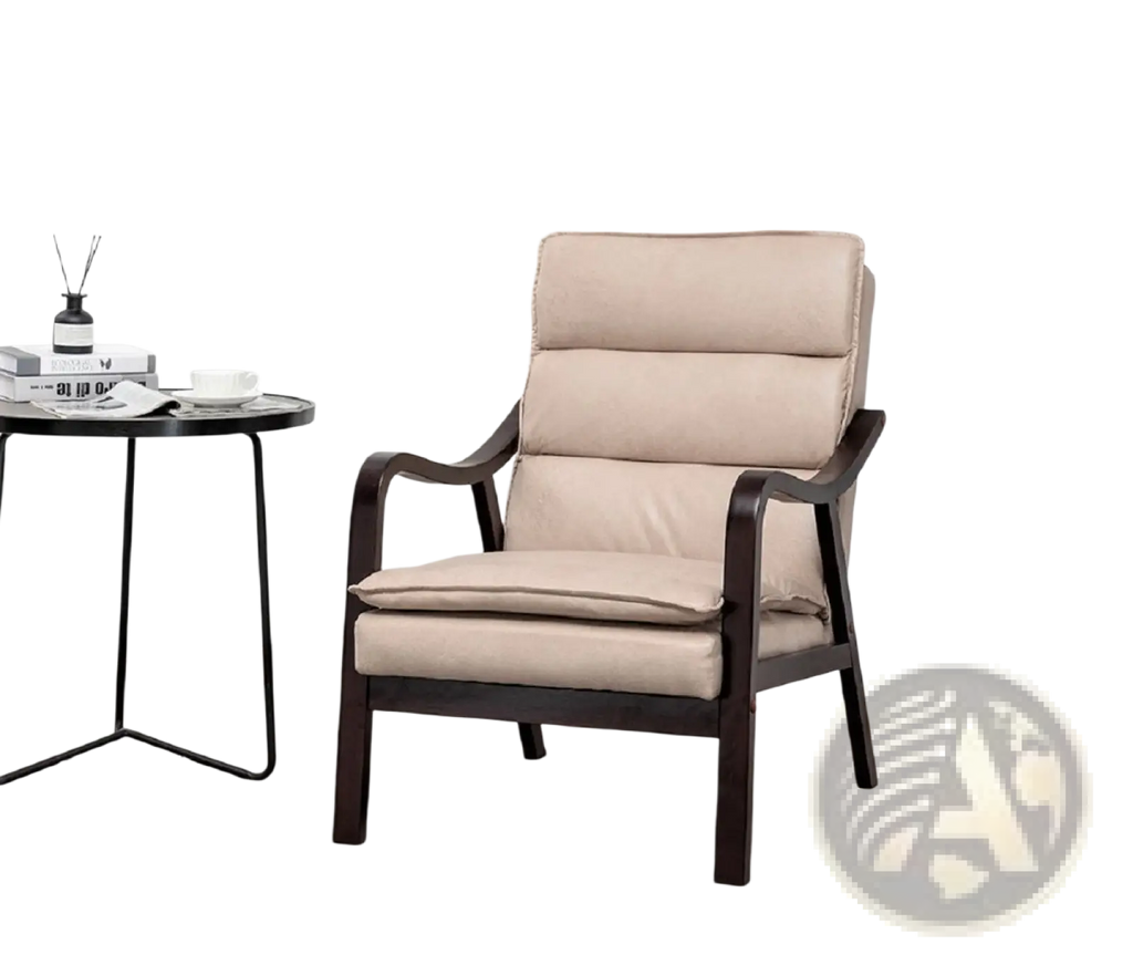 Beige mid-century modern velvet accent chair with dark wood arms and segmented cushioning
