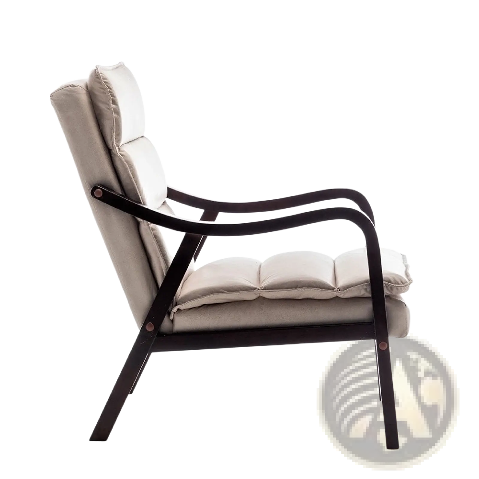Beige mid-century modern velvet accent chair with dark wooden frame and curved arms for stylish seating