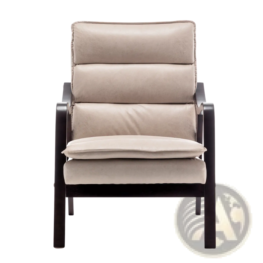 Beige mid-century modern velvet accent chair with dark wooden arms and segmented back cushions upholstery