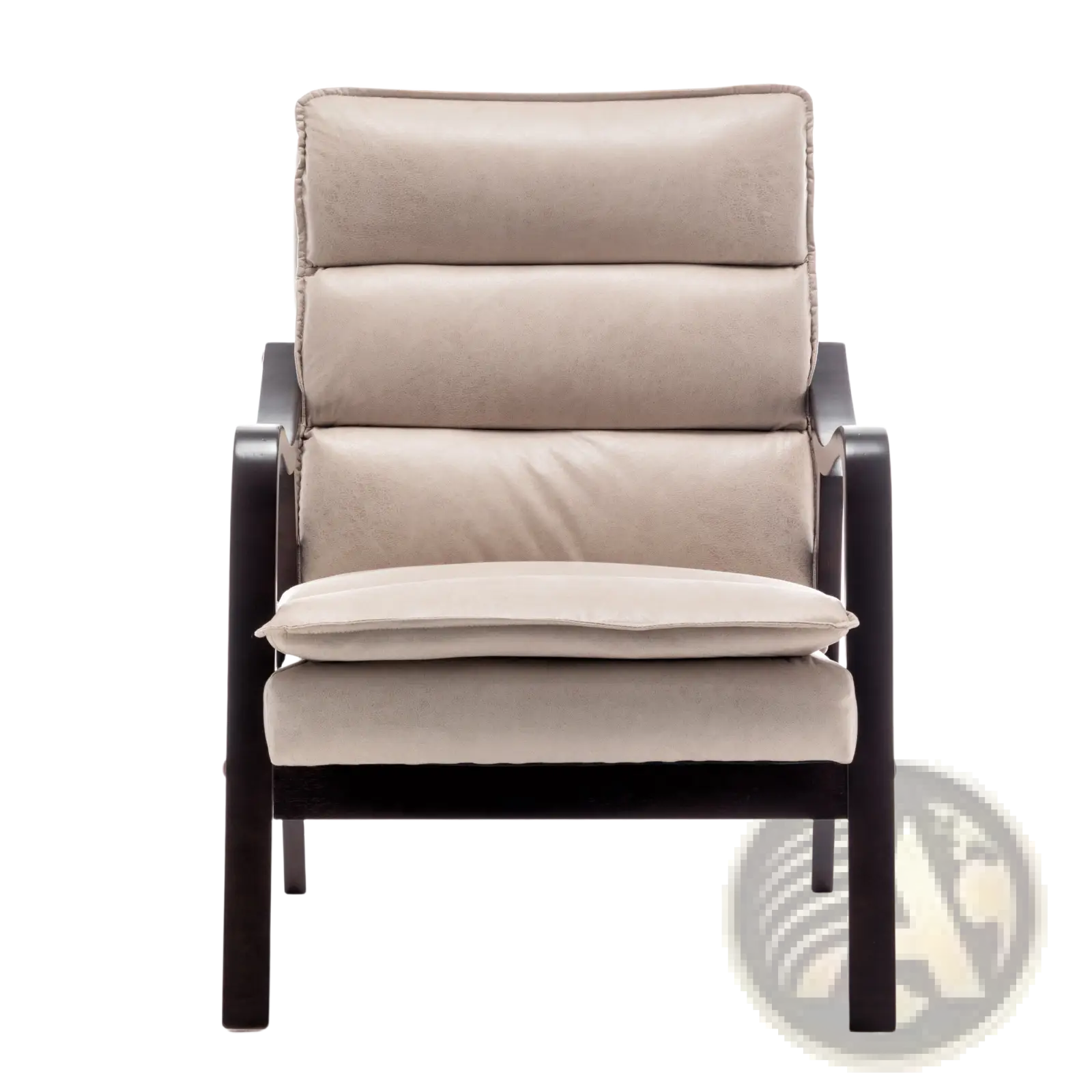 Beige mid-century modern velvet accent chair with dark wooden arms and segmented back cushions upholstery