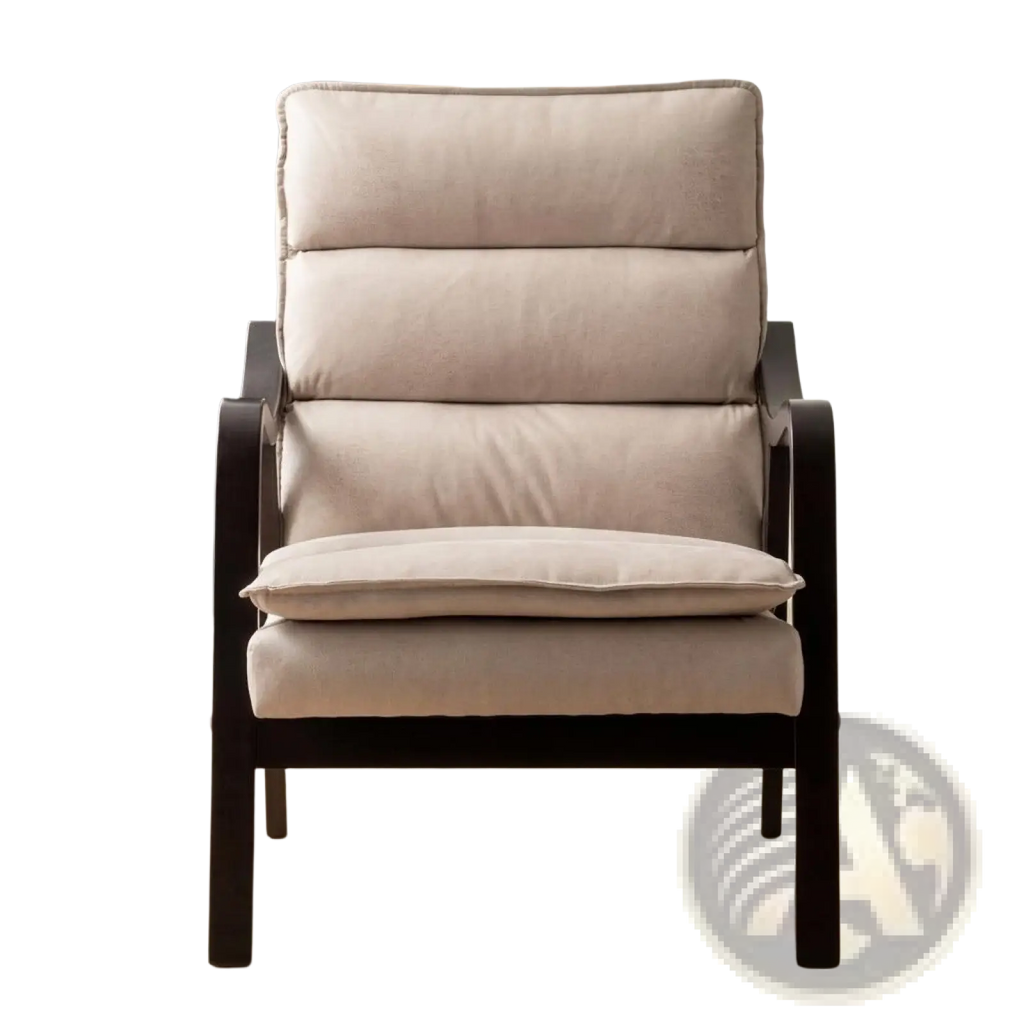 Beige upholstered mid-century modern velvet accent chair with dark wood frame and segmented back cushions