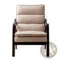 Beige upholstered mid-century modern velvet accent chair with dark wood frame and segmented back cushions