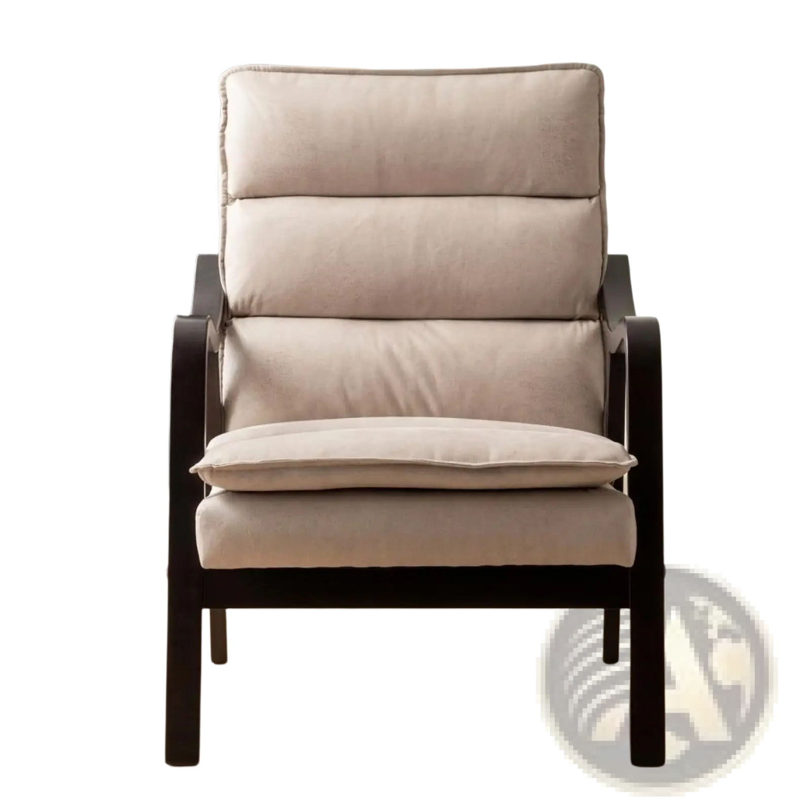 Beige upholstered mid-century modern velvet accent chair with dark wood frame and segmented back cushions