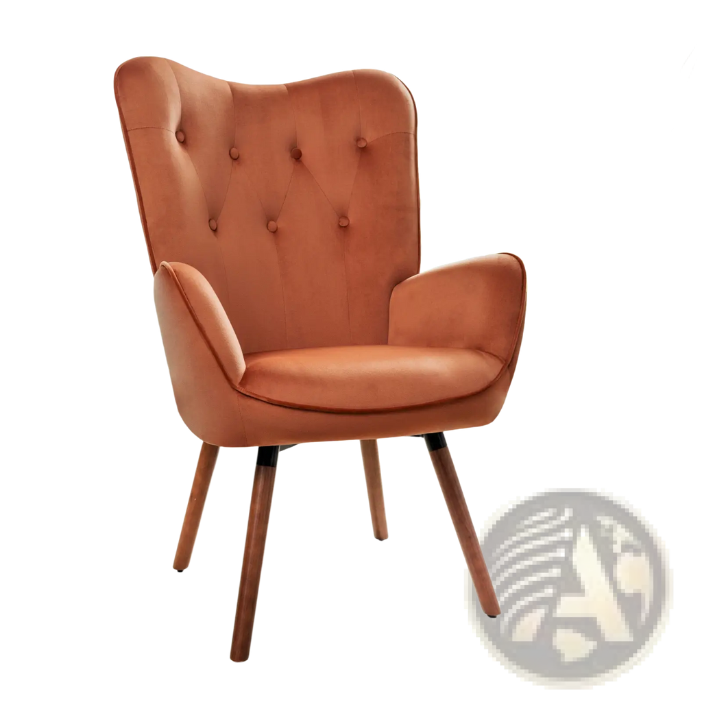 A cozy mid-century modern wingback accent chair in burnt orange velvet with tufted back and wooden legs
