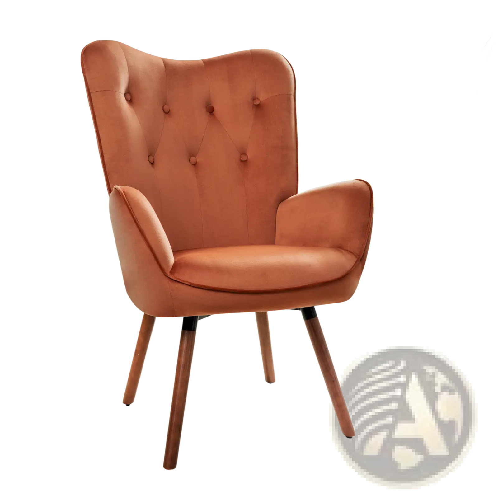 A cozy mid-century modern wingback accent chair in burnt orange velvet with tufted back and wooden legs