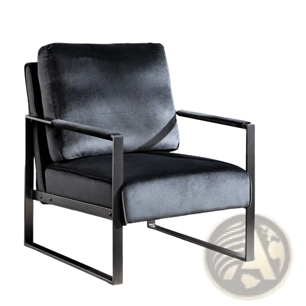 Mid century velvet accent chair featuring a black velvet seat with a sleek black metal frame
