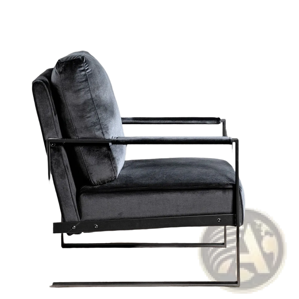Mid century velvet accent chair in dark gray with a sleek black metal frame for stylish seating