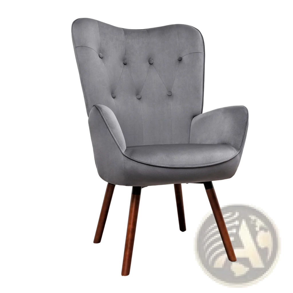 Mid-century wingback accent chair in gray velvet with tufted back and wooden legs