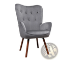 Mid-century wingback accent chair in gray velvet with tufted back and wooden legs