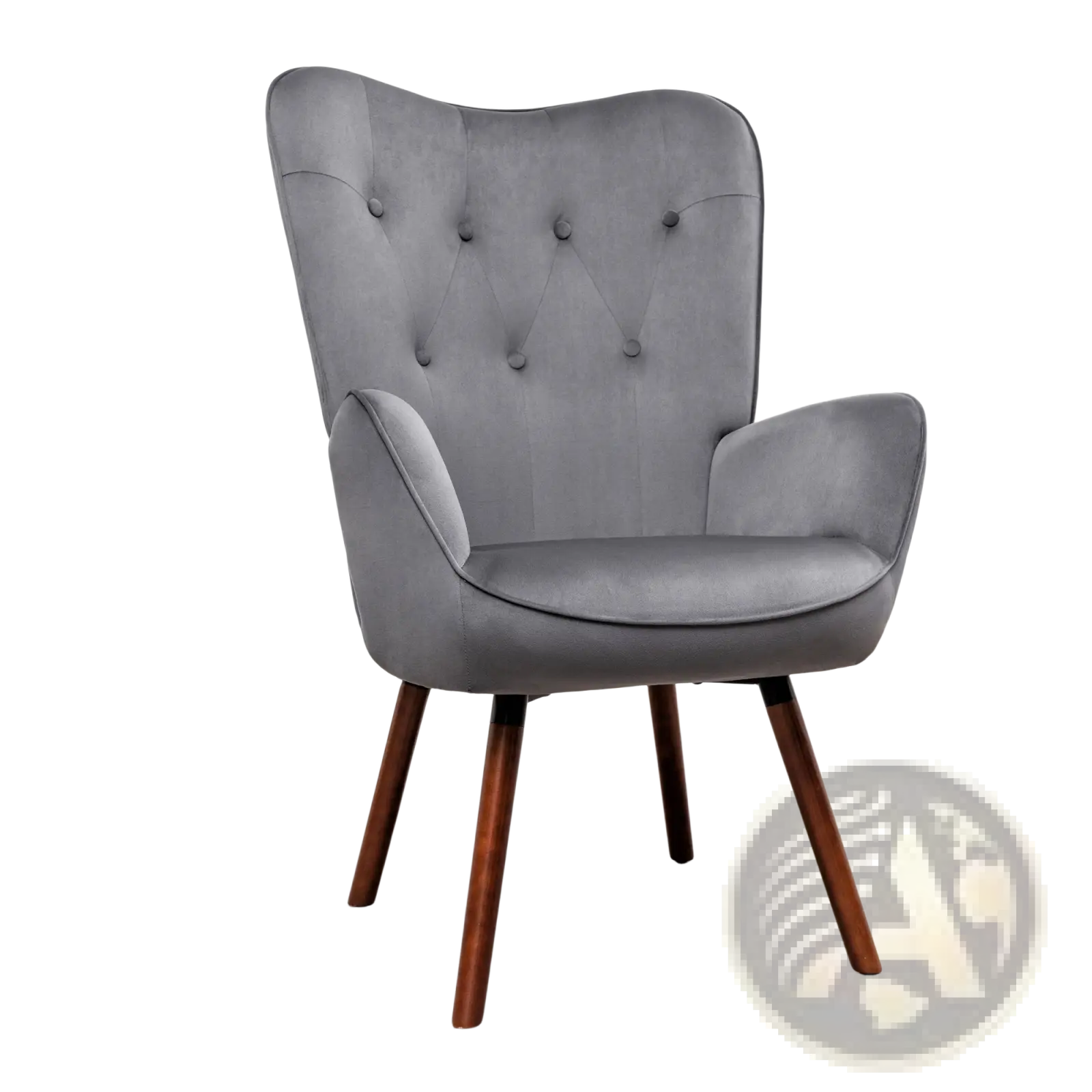 Mid-century wingback accent chair in gray velvet with tufted back and wooden legs