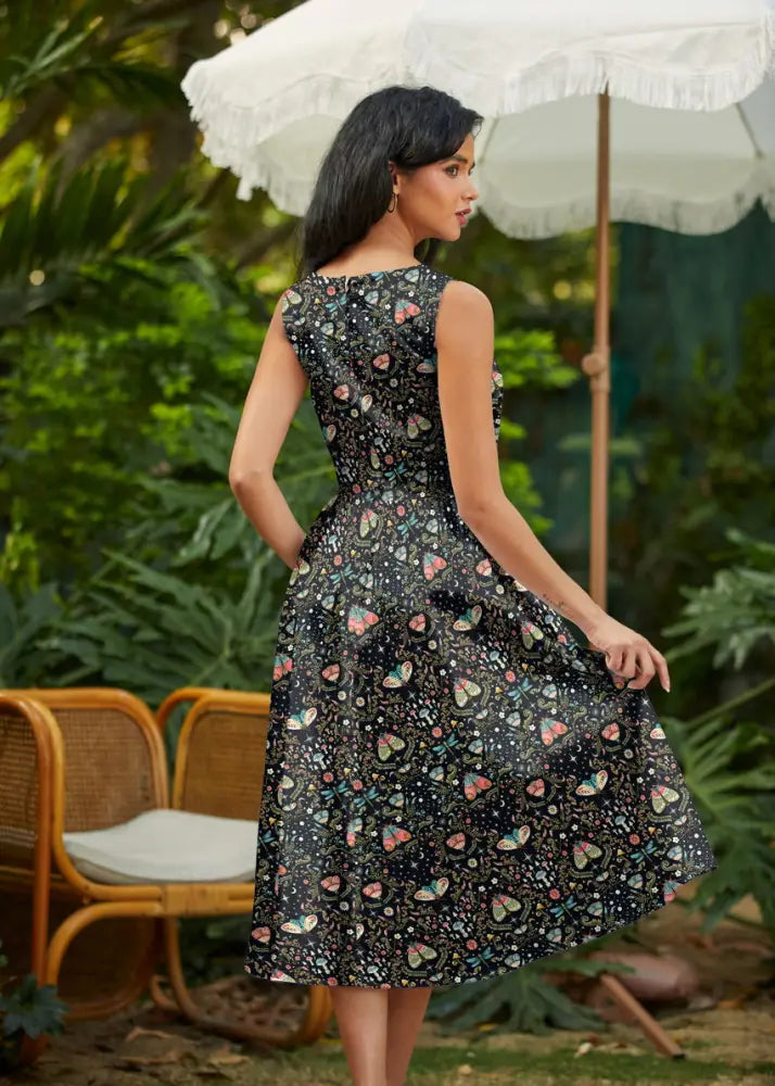 Midnight butterfly print black cotton sleeveless midi dress with fitted bodice and flared skirt adorned with multicolored butterflies