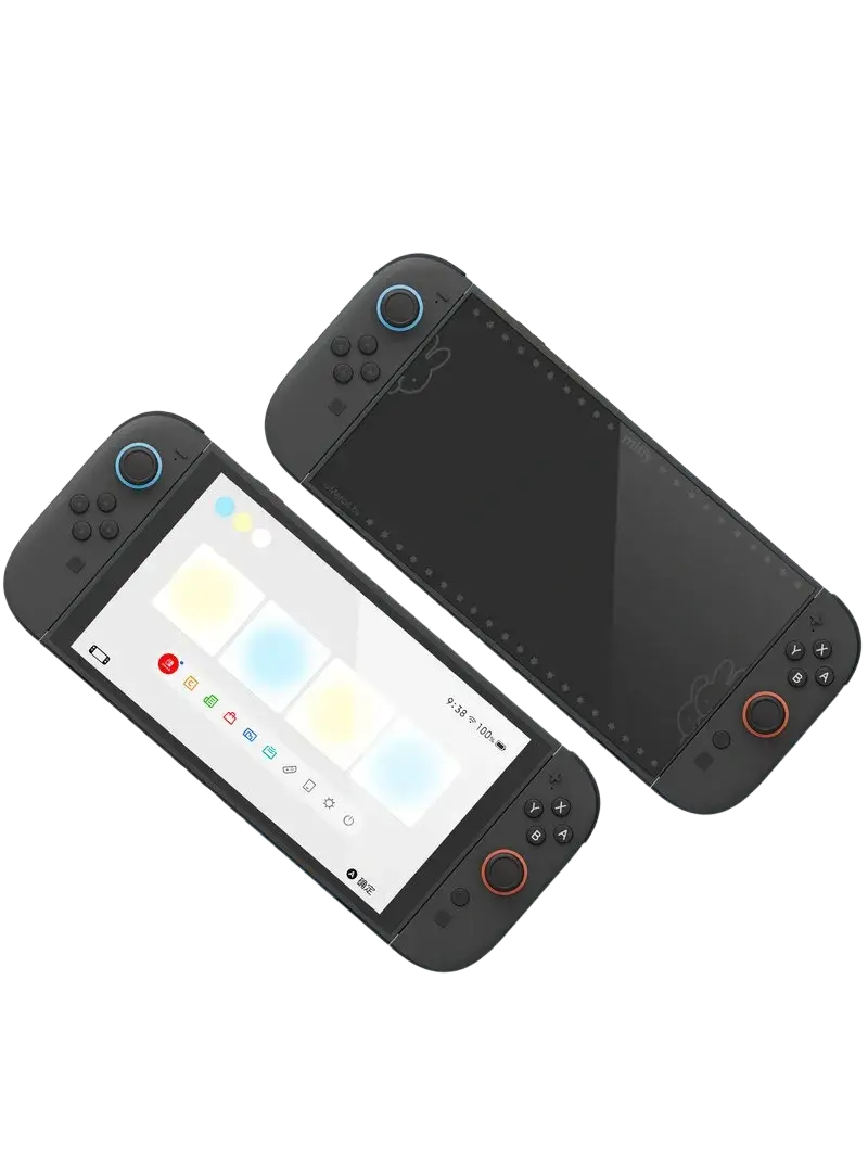 Black handheld gaming console with blue and orange buttons featuring miffy switch screen protector tempered glass