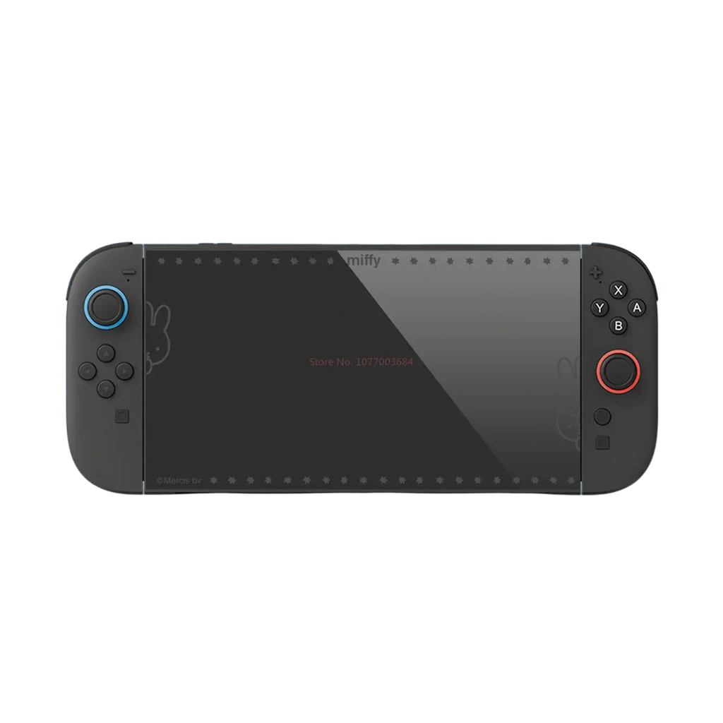 Black Nintendo Switch 2 console with blue and red analog sticks featuring glossy finish and Miffy switch screen protector tempered glass