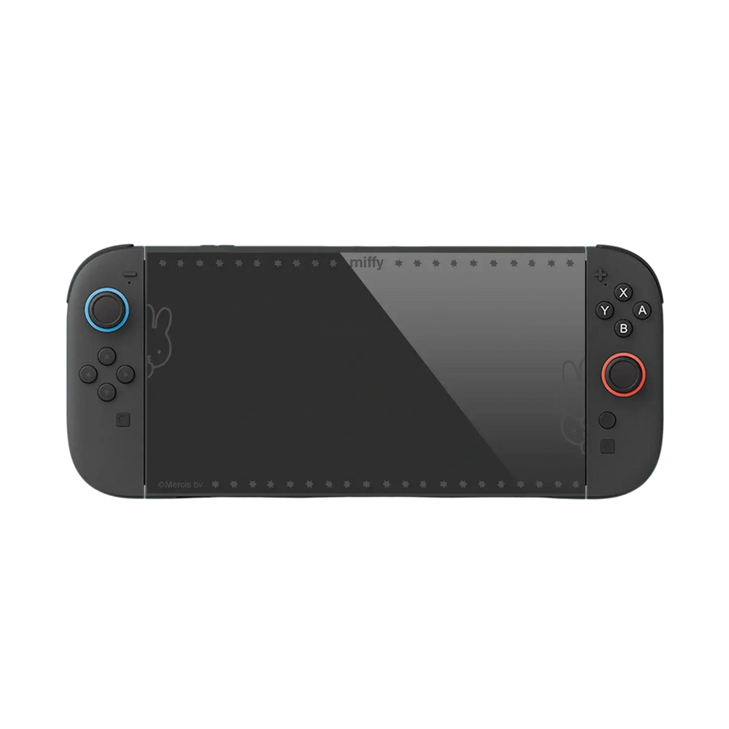 Black Nintendo Switch 2 screen protector tempered glass with subtle bunny design and blue red accent rings on analog sticks