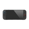 Black Nintendo Switch 2 screen protector tempered glass with subtle bunny design and blue red accent rings on analog sticks