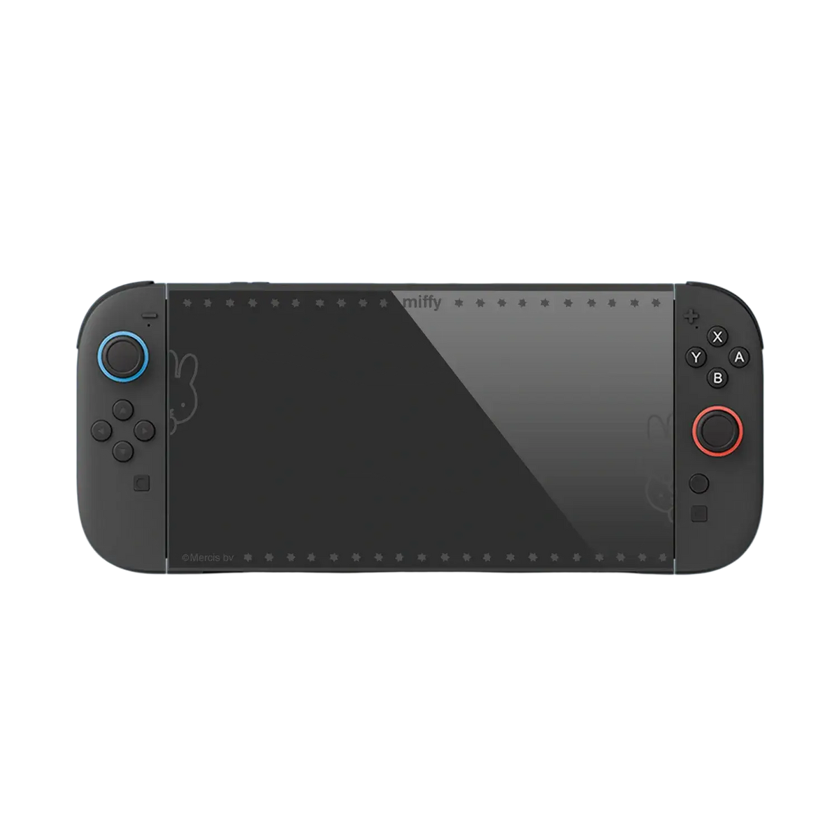 Black Nintendo Switch 2 screen protector tempered glass with subtle bunny design and blue red accent rings on analog sticks