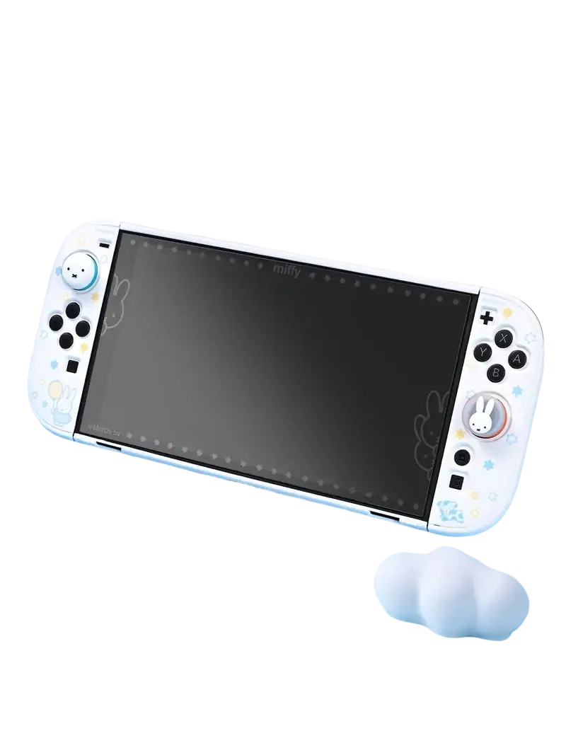 White Nintendo Switch console with pastel blue bunny-themed design featuring Miffy Switch screen protector tempered glass