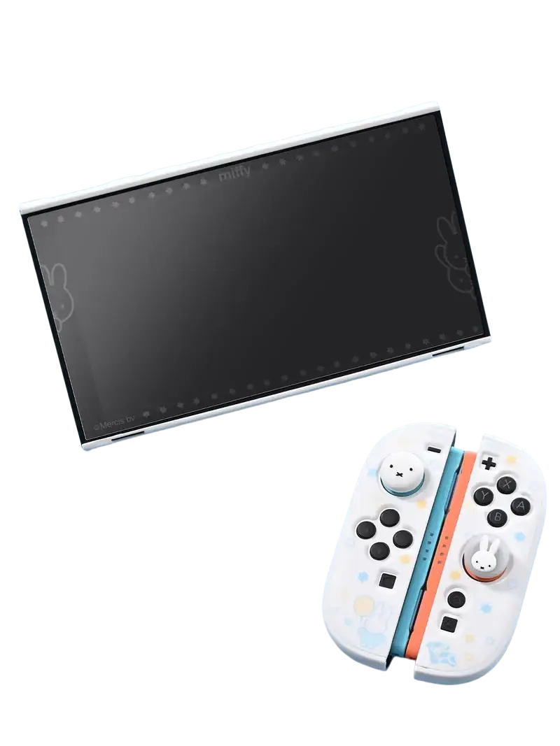 White Nintendo Switch console with Miffy-themed pastel bunny joy-cons and tempered glass screen protector