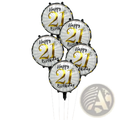 Five round metallic gold and silver happy 21st birthday foil balloons with black trim milestone birthday set 5pcs