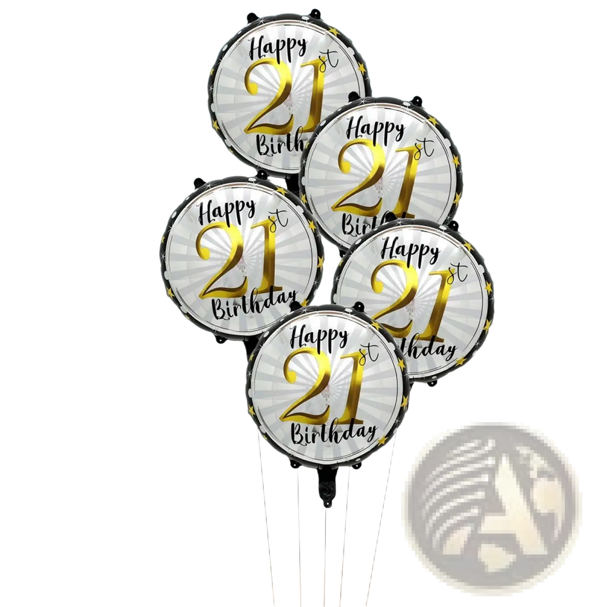 Five round metallic gold and silver happy 21st birthday foil balloons with black trim milestone birthday set 5pcs